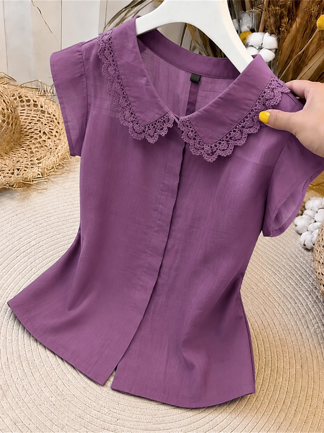 

Fashionable Doll Collar Single Button Short Sleeve Lace Patchwork Shirt Korean Style Straight Cut Summer Top for Women
