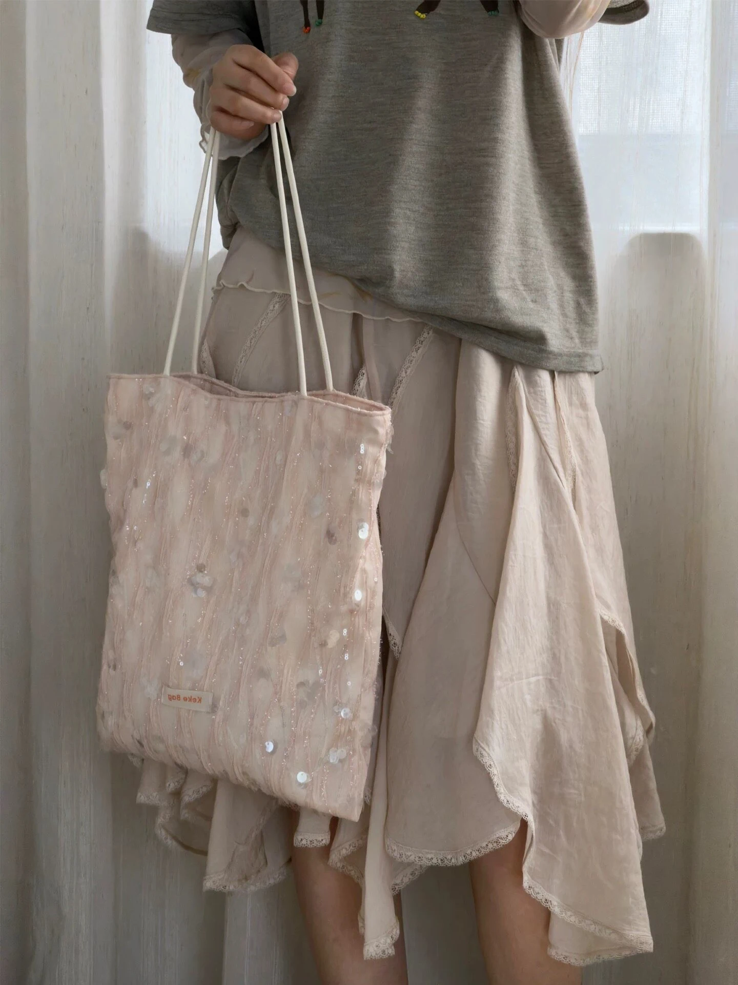 Original KeKe Silver Tote Bag Spring Dream Pink Sequins Luxury Versatile Commuter Single Shoulder Bag Women's Handbag