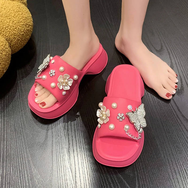 Women Summer Slippers Butterfly Decoration Platform Sandals Outside Vacation Beach Non-Slip Slides Flip Flop Casual Shoe Female