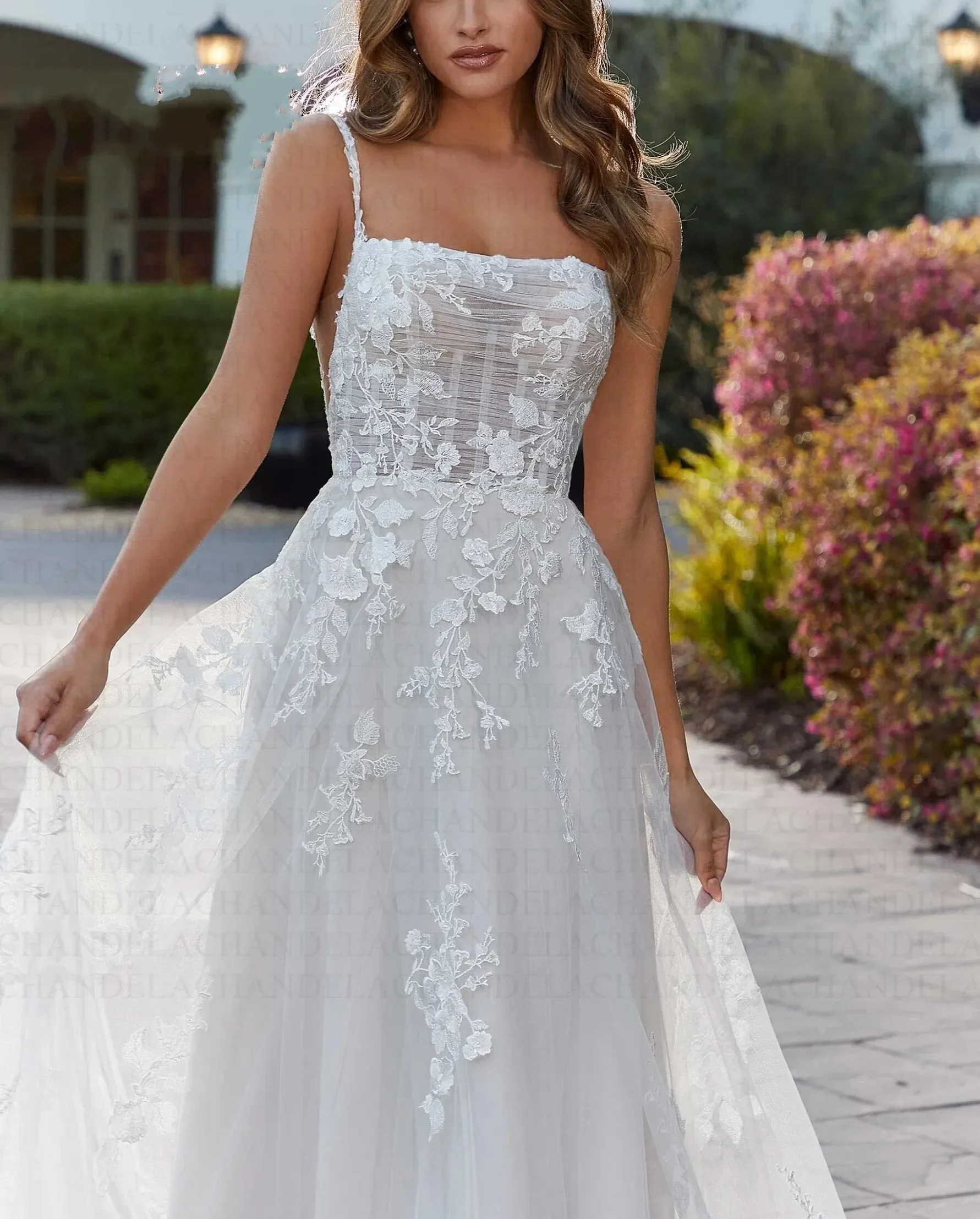 Ausgefallene Brautkleider in A-Linie 2026, Applikationen, Spitze, Spaghettiträger, Hofzug, Brautkleider, Boho, maßgeschneidert, Vestido De Casamento