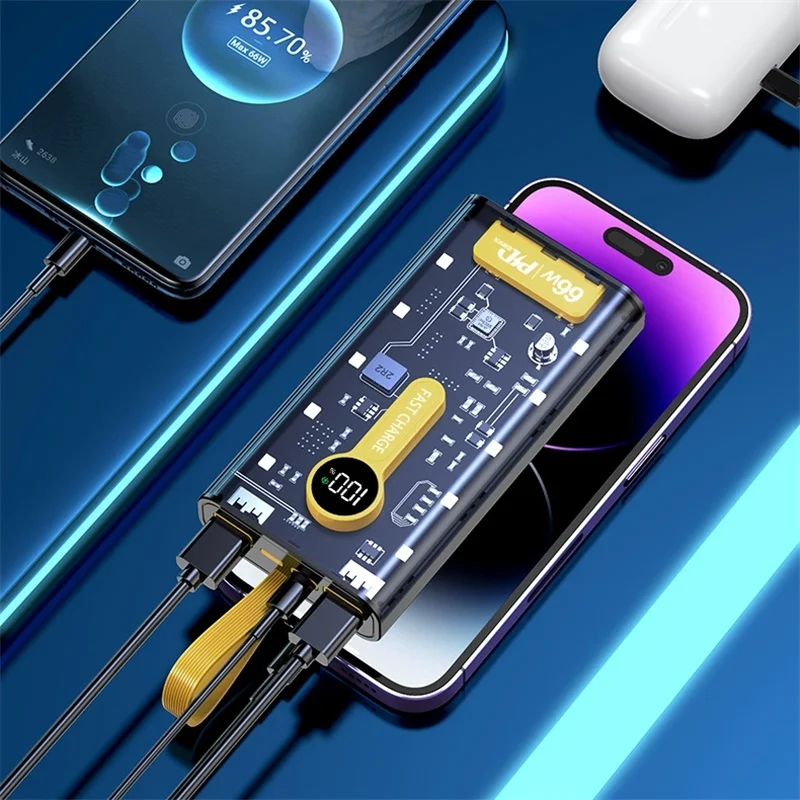 透明なバッテリー充電器20000mAh,ポータブルバッテリー充電器66w,クイックチャージ10000mah,pd 22w,iPhone Xiaomi用パワーバンク