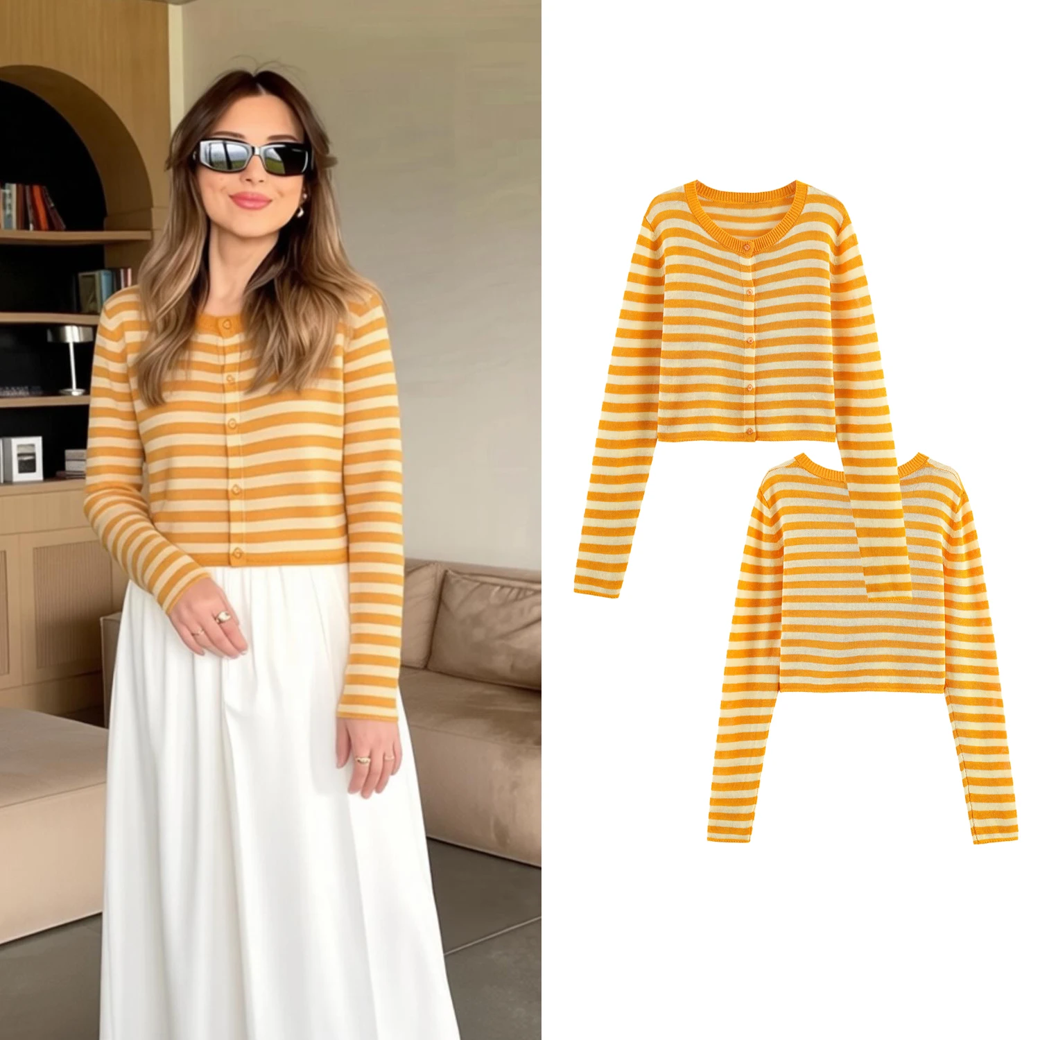 Frühling Sommer Damen Kurze Orange Gestreifte Strickjacken Weibliche Streifen Y2K Mädchen Herbst Pullover Damen Schicke Cardigan Tops
