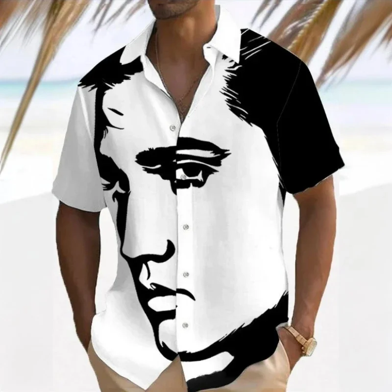 Simple Men's Shirt 3d Face Print Short Sleeve Shirts Beach Casual Clothing Loose Oversized Hawaiian Shirts For Men 2025 New Tops