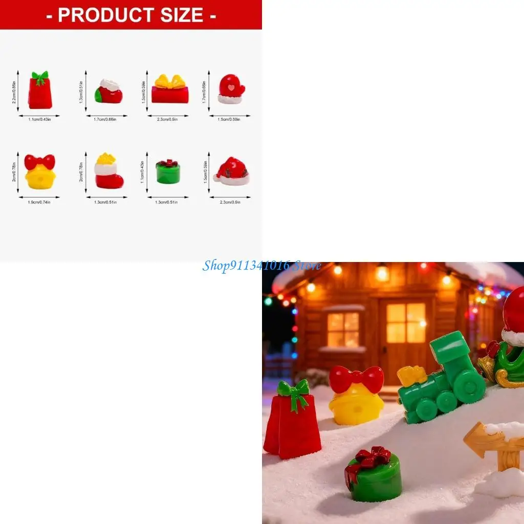  8PCS Miniature Scene Ornament set，Miniature Christmas hats, stockings and gifts, Bells Ornament Desktop Decorations