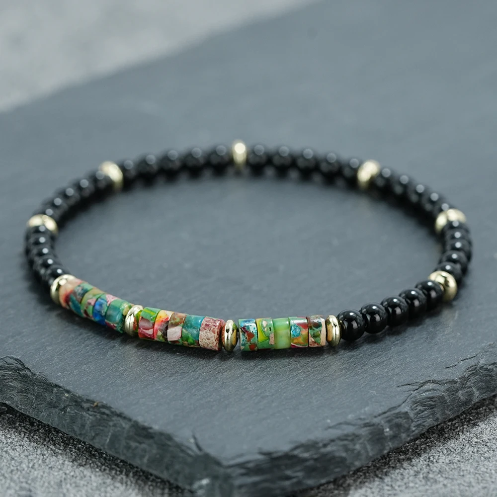 4mm Obsidian Emperor Stone Bracelet for Men Women Multicolor Boho Disc Beaded Stretch Bracelet Lightweight Versatile All Season