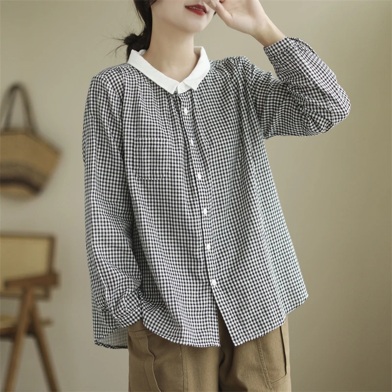 Artistic Double Layer Cotton Shirt with Checkered Pattern Long Sleeve Women's plus Size  Collar Color Block Top