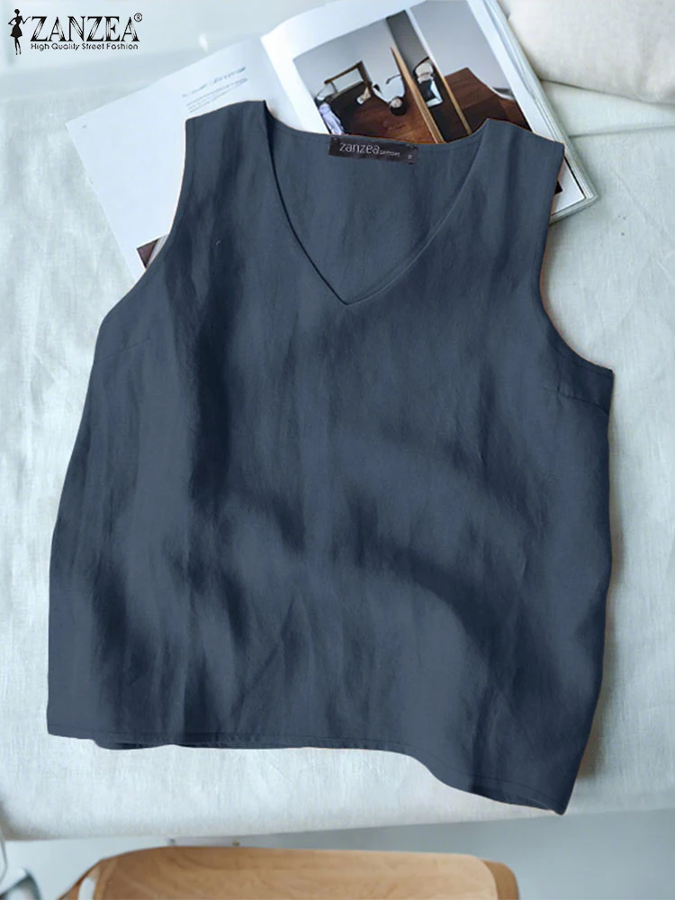 

ZANZEA Cotton Breathable Sleeveless Tops V-Neck Casual Womens Simple Tank Tops Comfort Everyday Basic 2025 Summer Solid Tanks