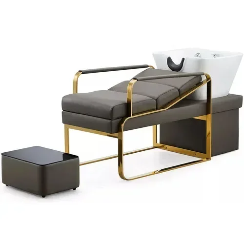 Customized New High-End Barber Shop Lying Half Shampoo Flushing Bed Stainless Steel Simple Ceramic Lying Half Shampoo Chair