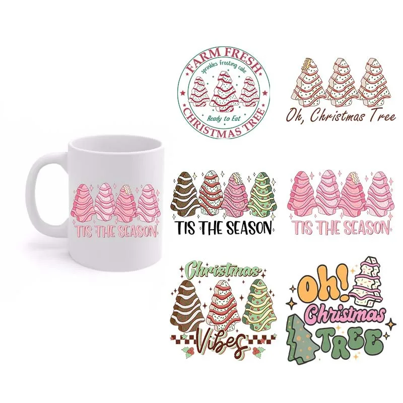 6Pcs 3D Christmas Tree UV DTF Colorful Transfer Sticker Mug Coffee Cup Wraps Cup Waterproof Durable DIY Custom Decals