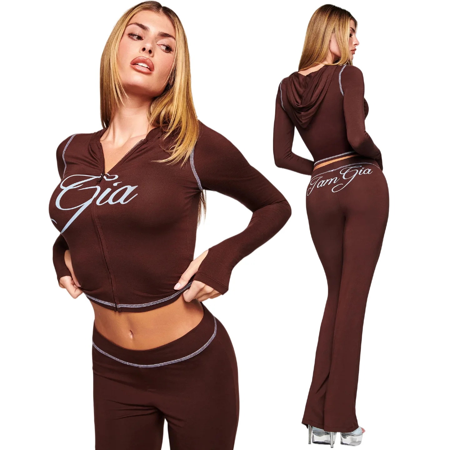 

Gia brown regular shoulder slim-fit letter print topstitching design slim-fit hooded zip-up short jacket and pants set