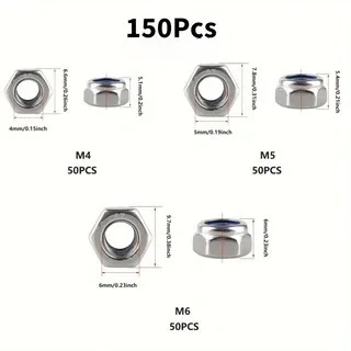 150Pcs/Box M4 M5 M6 Hex Lock Nuts Assortment Kit, Self-locking Anti-drop Hexagon Nuts Fastener Set
