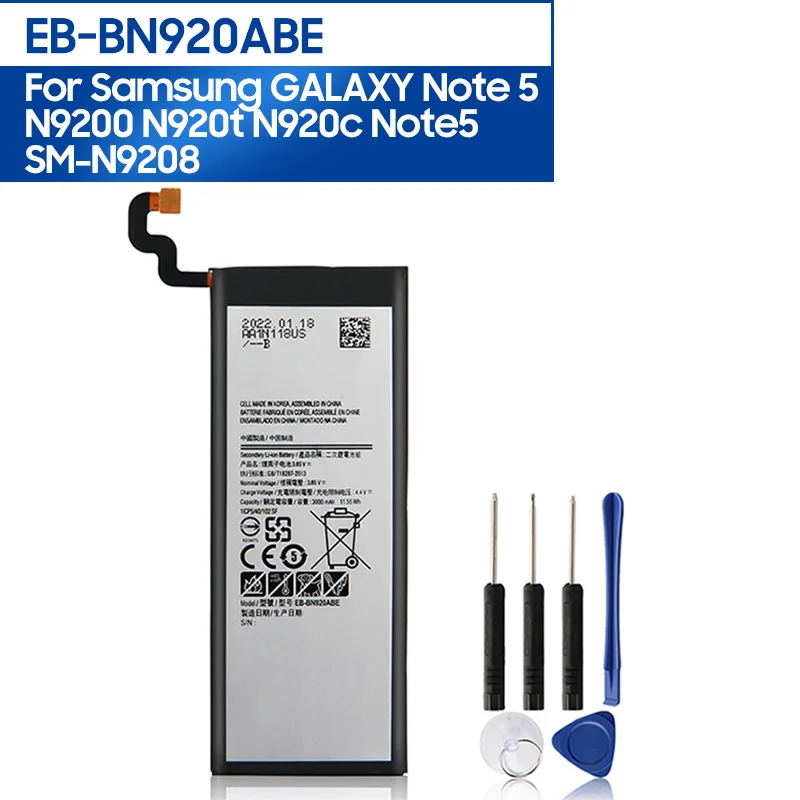 

Replacement battery EB-BN920ABE For Samsung GALAXY Note 5 N9200 N920t N920c Note5 SM-N9208 EB-BN920ABA Phone Battery 3000mAh