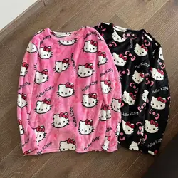 Hello Kitty  Y2k Kawaii Flannel Pajamas Women'S Warm Woolen Cartoon Casual Home Jacket Fall Winter Thermal Underwear Loungewear