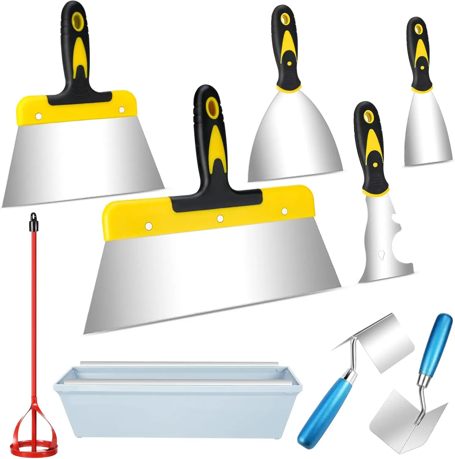 

9-Piece Drywall Tool Set: Stainless Steel Corner Trowel, Paint Scraper, 16' Mud Pan with Soft Grip