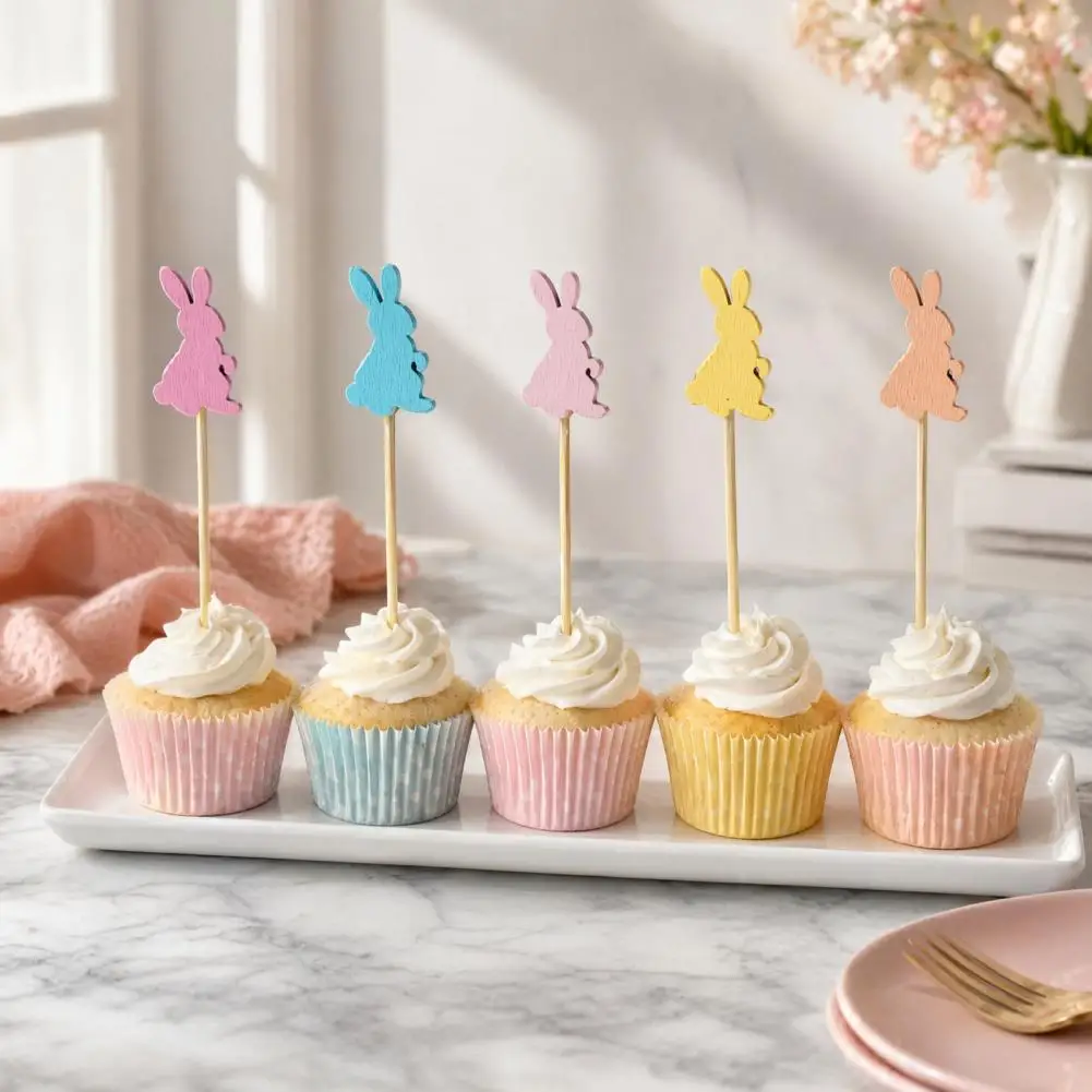 Easter Themed Food Picks 100pcs Bamboo Fruit Tags Easter Bunny Cocktail Picks Multi-color Disposable Skewers for Fruits Barbecue