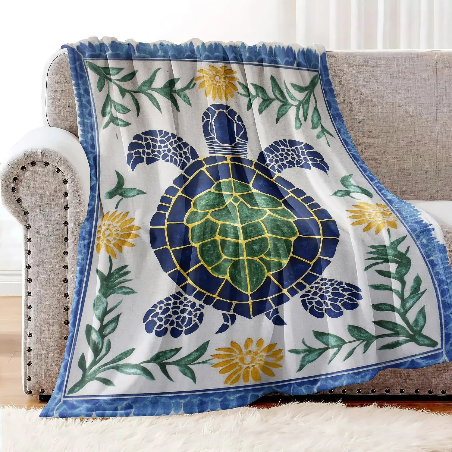 Boho White Base Stained Glass Turtle Floral Vine Blue Edges Fleece Blanket Living Room Bed Travel Indoor Daily Decoration Use