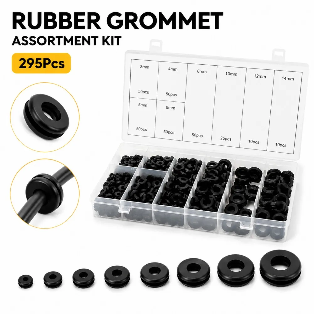 295pcs Rubber Grommet Hole Plug Kit 8 Sizes (3/4/5/6/8/10/12/14mm) for Wire Hole Washer Wiring Coil Firewall Automotive O-ring