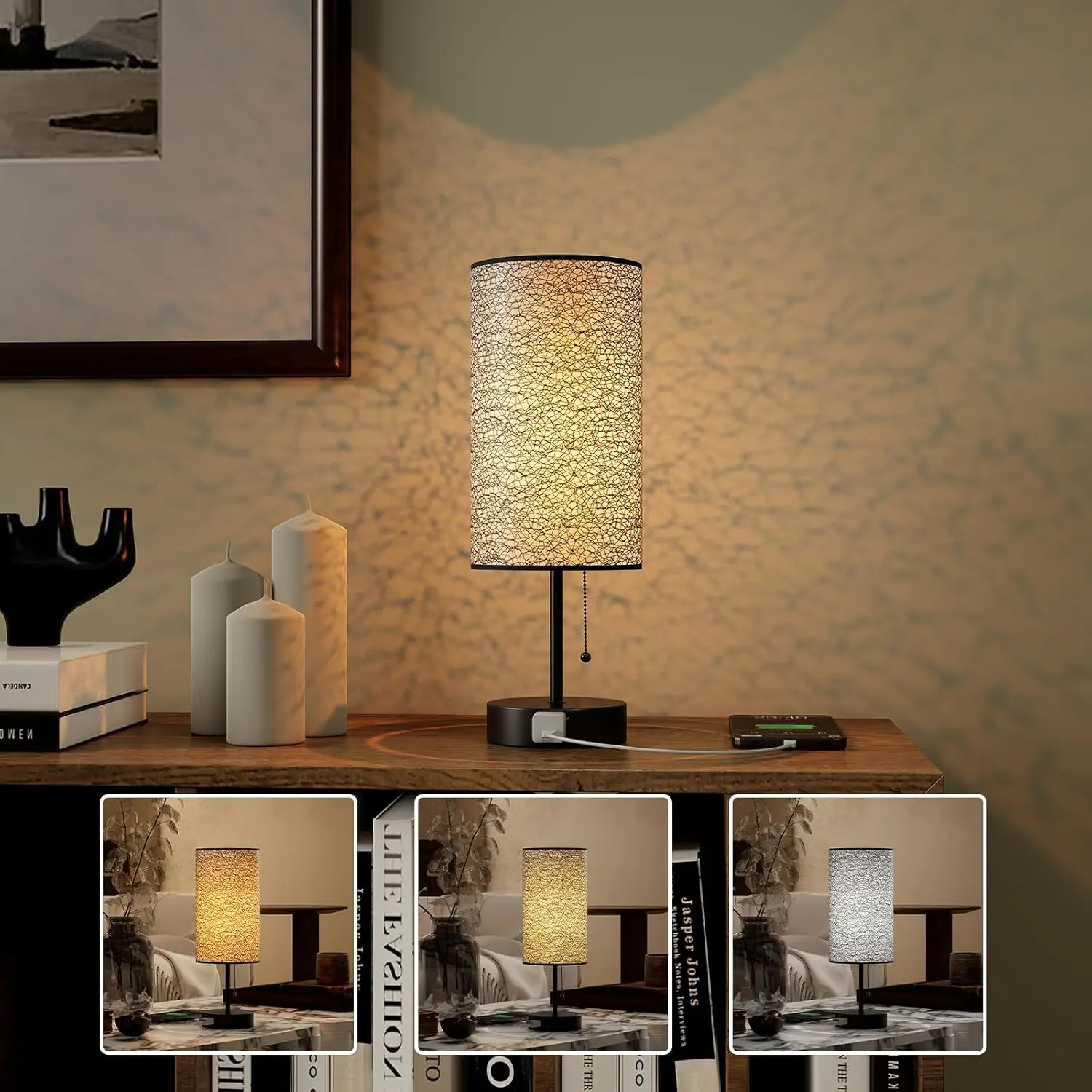 

Table Lamp for Bedroom with AC Outlets, 3-Color LED, Black, 1 Pack