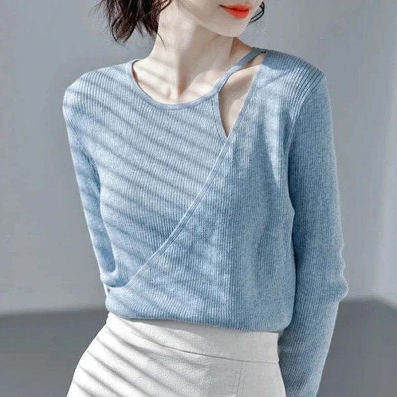 Outono novas roupas femininas em torno do pescoço de manga comprida oco camisola de manga comprida moda cor sólida magro blusa de malha