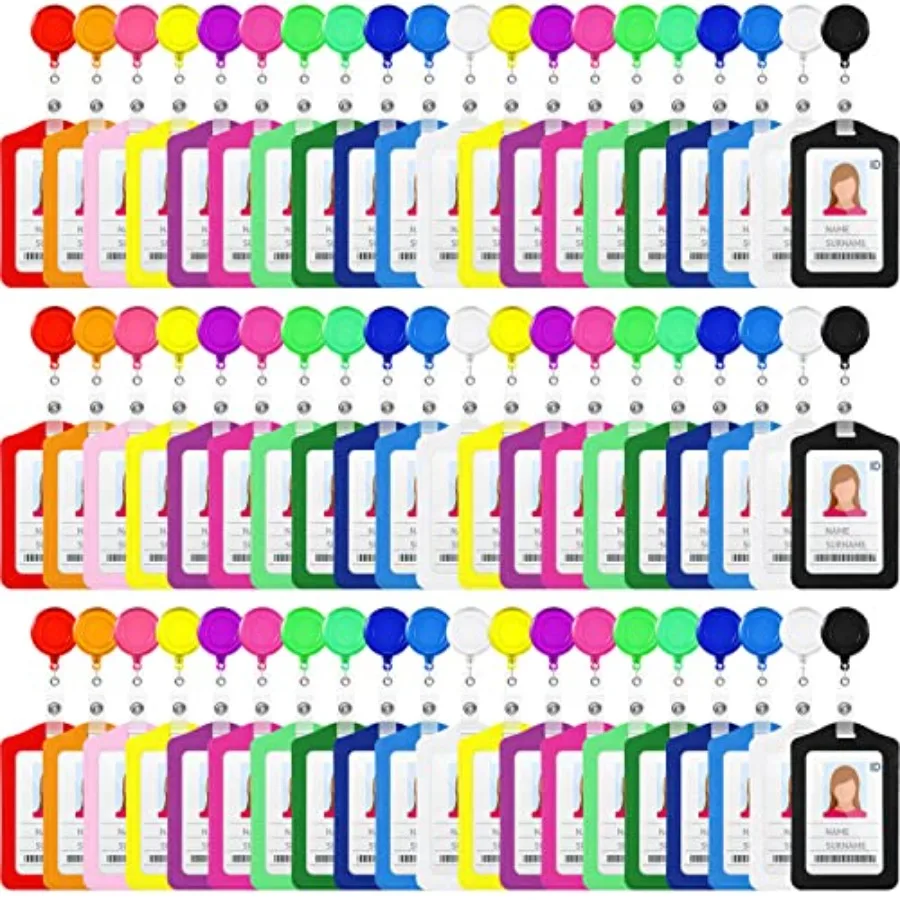 60 Sets Retractable Badge Reels, PU Leather Name Badge Holder, Multicolor ID Holder Key Card Holder Vertical ID Badge with Reel