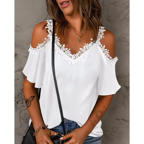 Camiseta blanca de encaje de manga corta con hombros descubiertos para mujer, Top informal holgado para mujer, Camiseta con cuello en V, camisetas 2023