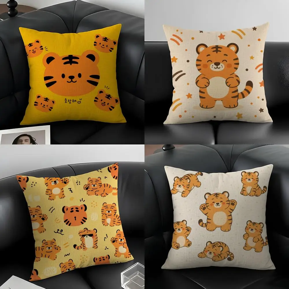 Pattern Cute Nordic Tiger Cushion Cover Natural Linen Pillowcase Set, All-in-One Decor for Sofa, Bedroom & Chair