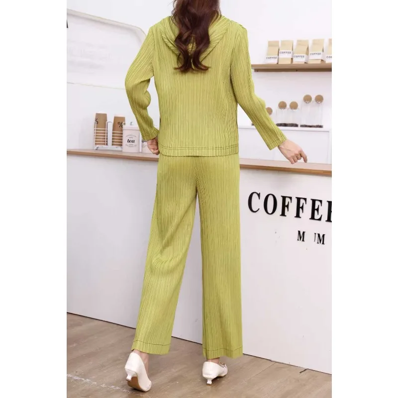 Miyake plissado longo terno sênior sentido outono inverno 2025 novas plissadas com capuz cardigan jaqueta calças retas temperamento terno fino