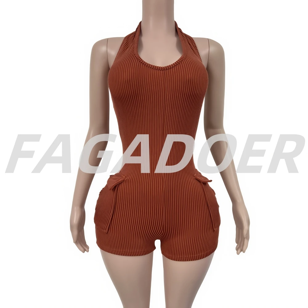 FAGADOER Sexy Backless Ribber Elasticity Halter Bodycon Rompers Women V Neck Backless Side Pocket Slim Jumpsuits Fashion Overall