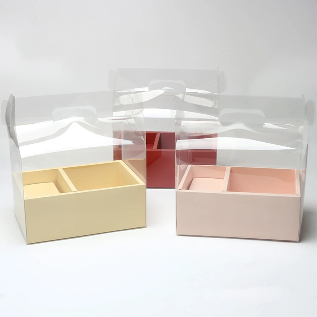 1pcs PVC Transparent Handheld Flower Box Visual Flower Cake Double Grid Gift Box Handmade DIY Floral Bouquet Packaging Materials