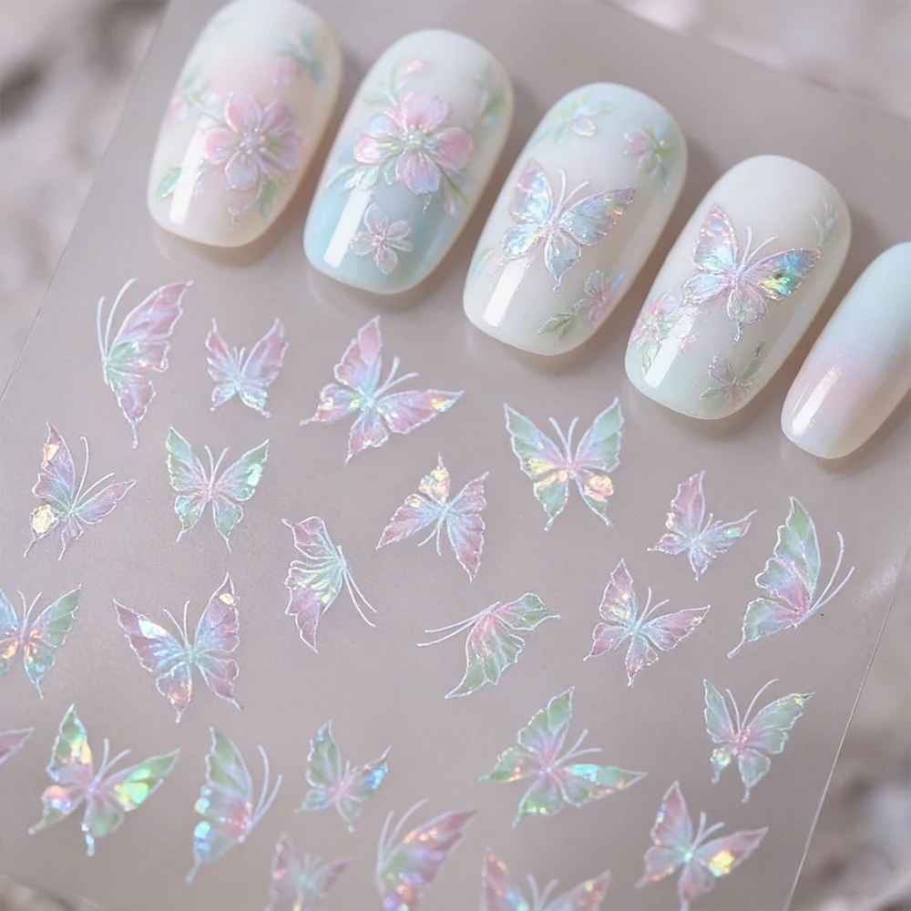 1/2pcs Aurora Dreamy Shell Butterfly Nail Stickers 5D Green Pink Gradient Butterflies Flowers Nail Decals Y2K Spring Nail Decor