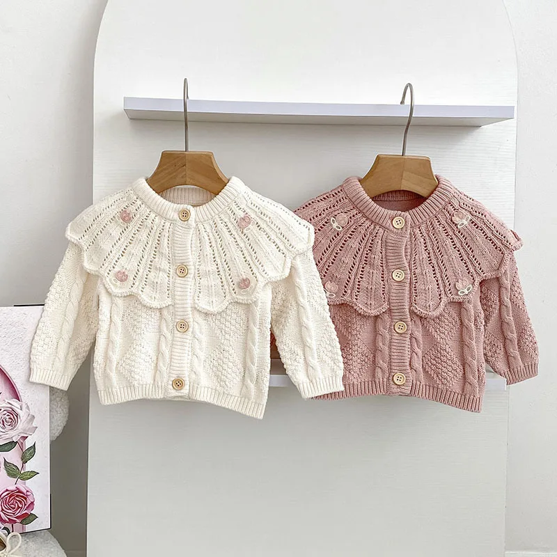 

MILANCEL New Autumn Baby Knitted Cardigan 0-3T Hollow Out Doll Collar Knit Toddler Girls Sweater Sweet Flower Tops Clothes