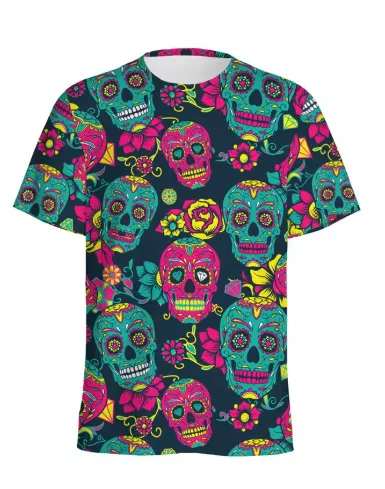 Men Colorful Sugar Skull Floral 3D Print T‑Shirt Mexican Day Of The Dead Skeleton Flower O‑Neck Short Sleeve Casual