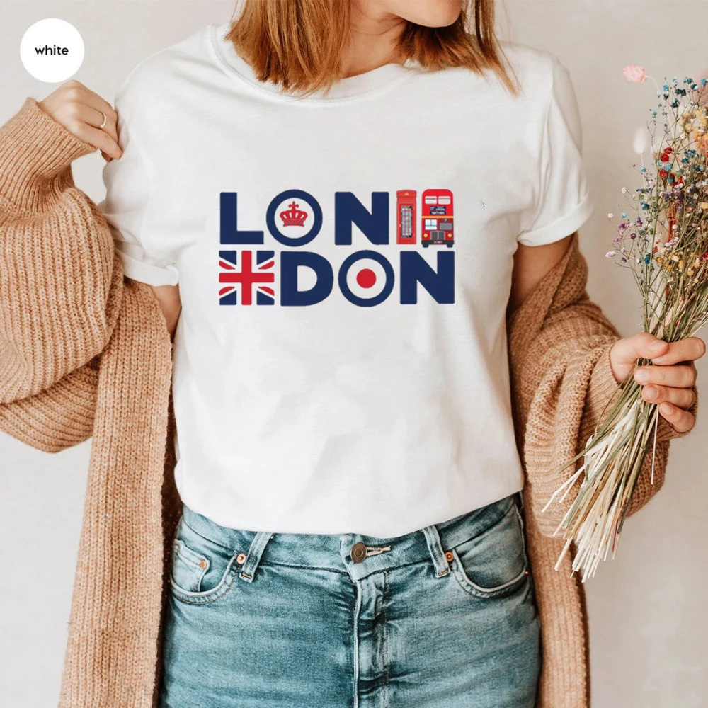 London England T-shirt Union Jack Telephone and Bus Printed Adult Souvenir unisex regular fit tshirts LONDON t-shirts for women