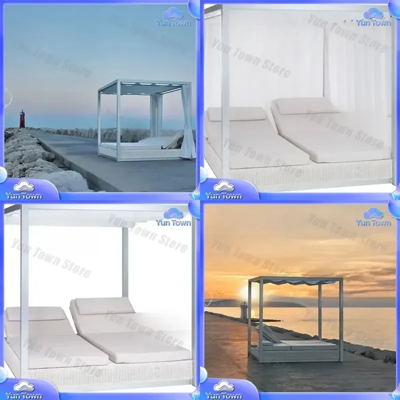 Swimming Pool Chaise Lounge for 2 Person Outdoor Daybed with Curtain Shade Rattan Garden Furniture Double Sunbed patio