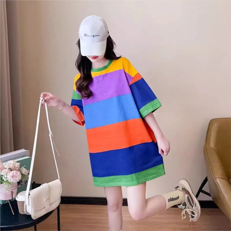 Korean Rainbow Stripes Printed T-shirt Women O-Neck All-match oversized t shirt Fashion Loose Tops Short Sleeve t shirts NS5857