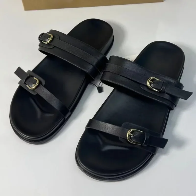 Outdoor Summer Beach Slippers for Woman Round Toe Fashion Metal Buckle Female Flat Shoes Soft Sole Leather Ladies Seaside Slides