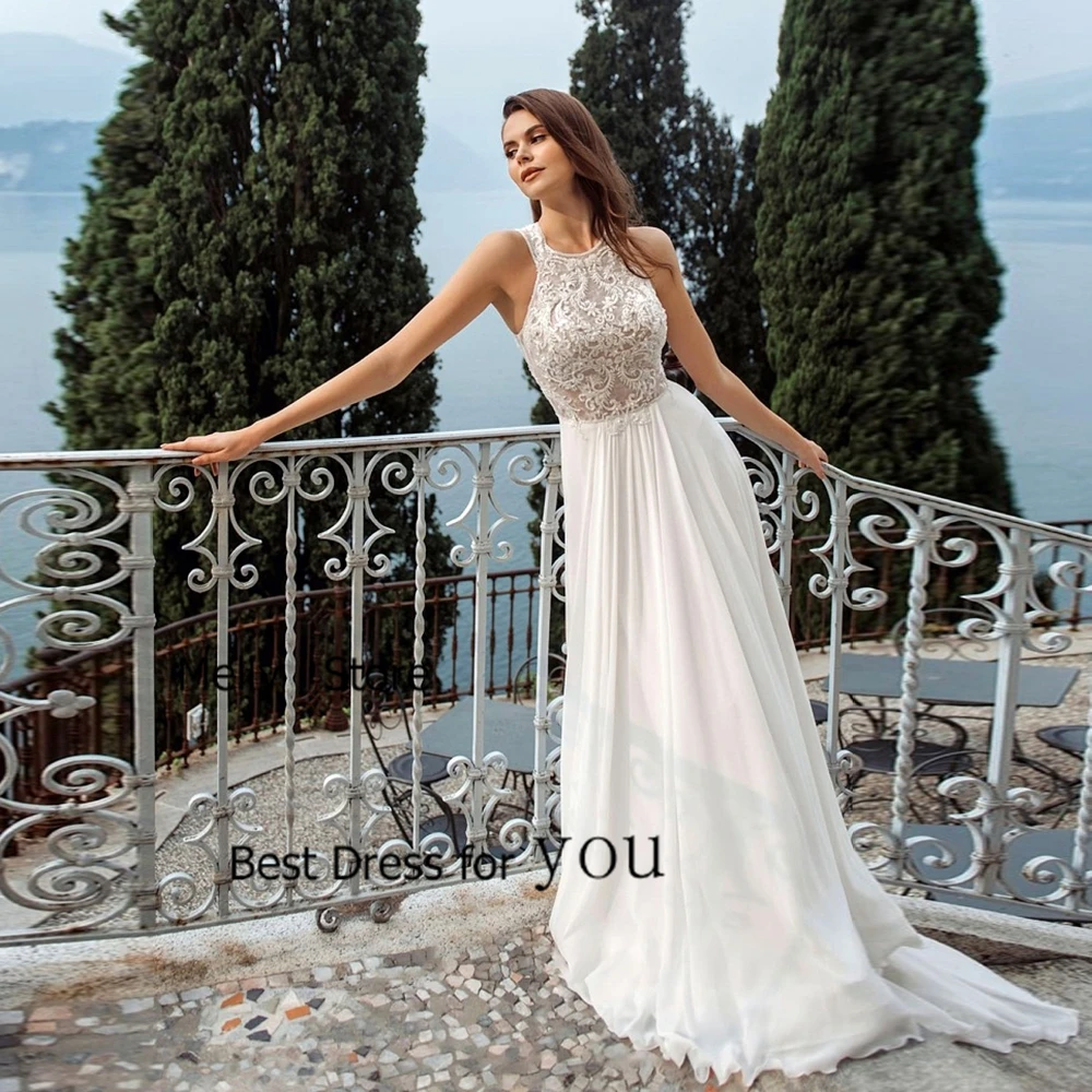 Robes De mariée simples Scoop avec mousseline De soie 2025 été Court Train sans manches Court Train robes De mariée une ligne Vestido De Novia
