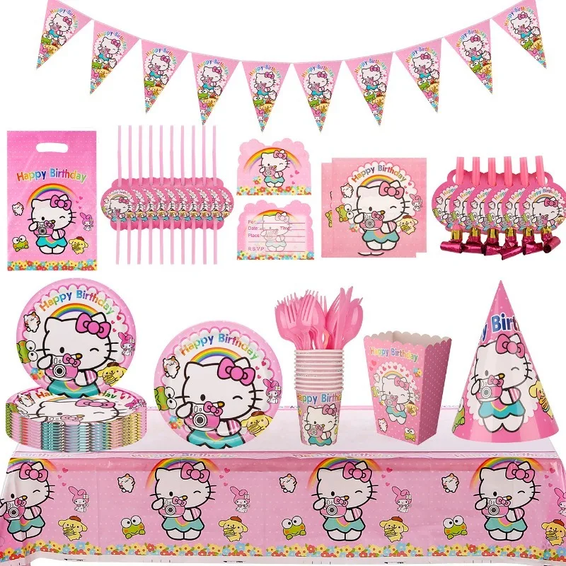 Hello Kitty Birthday Decoration Kawaii Anime Paper Cups Disposable Tableware Balloon Flag Baby Shower Girls Gifts Party Supplies