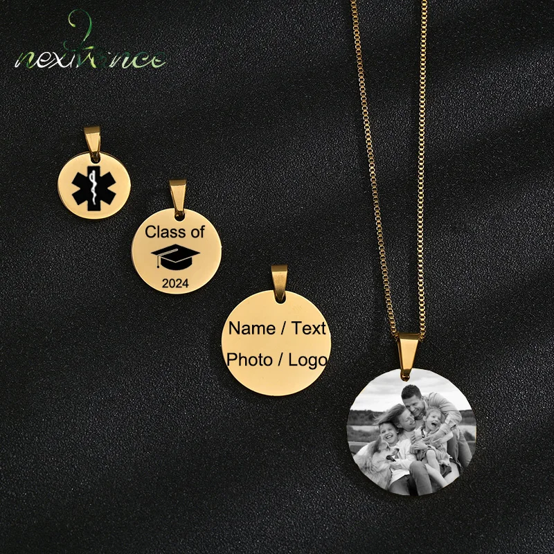 

Nextvance Round Pendant Engraved Photo Text Necklace For Women Men Stainless Steel Laser Engraved Mom Dad Gifts Family Jewelry