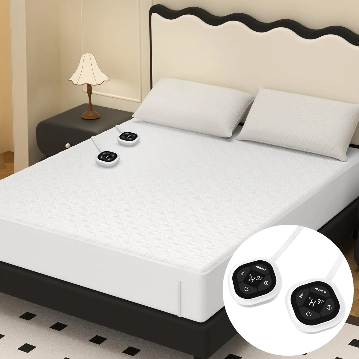 وسادة مرتبة تسخين كهربائية بحجم كوين مع تحكم مزدوج المنطقة، تسخين مسبق، 10 مستويات حرارية، مؤقت
