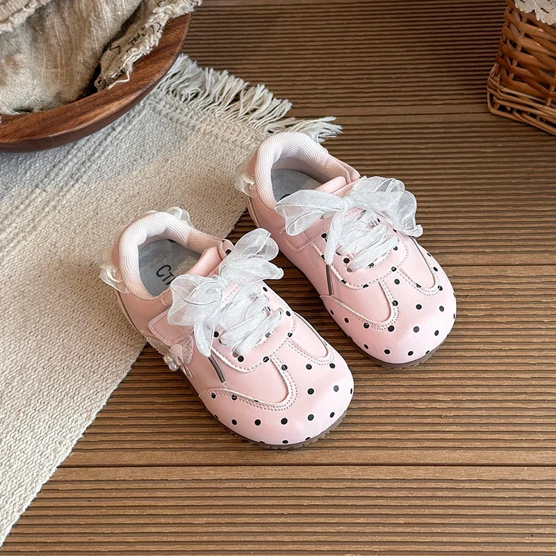 Toddler Girls Polka Dot Sneakers Organza Bow Pearl Flower Magic‑Tape Soft Flat Casual Shoes