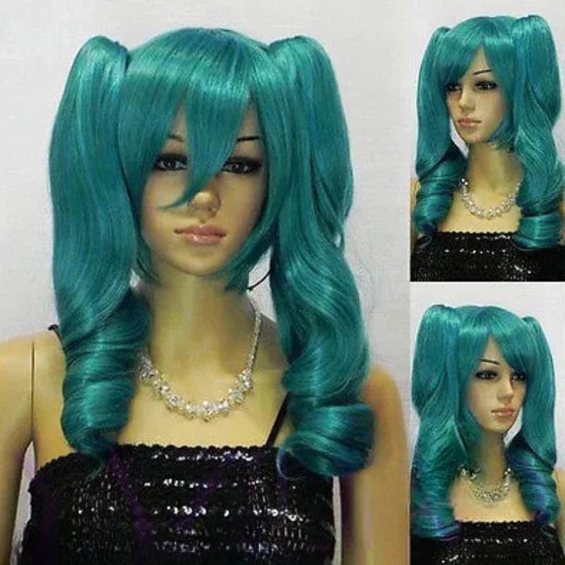 Free Shipping New Short Dark Green Cosplay Heat Resistant Wig + Two Ponytails