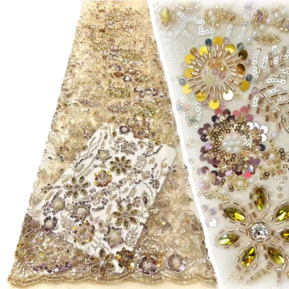 

Роскошная золотая африканская тяжелая ткань с бисером, высококачественная нигерийская тюль, расшитая блестками кружевная ткань, свадебное платье, ткань Haute Couture 2076
