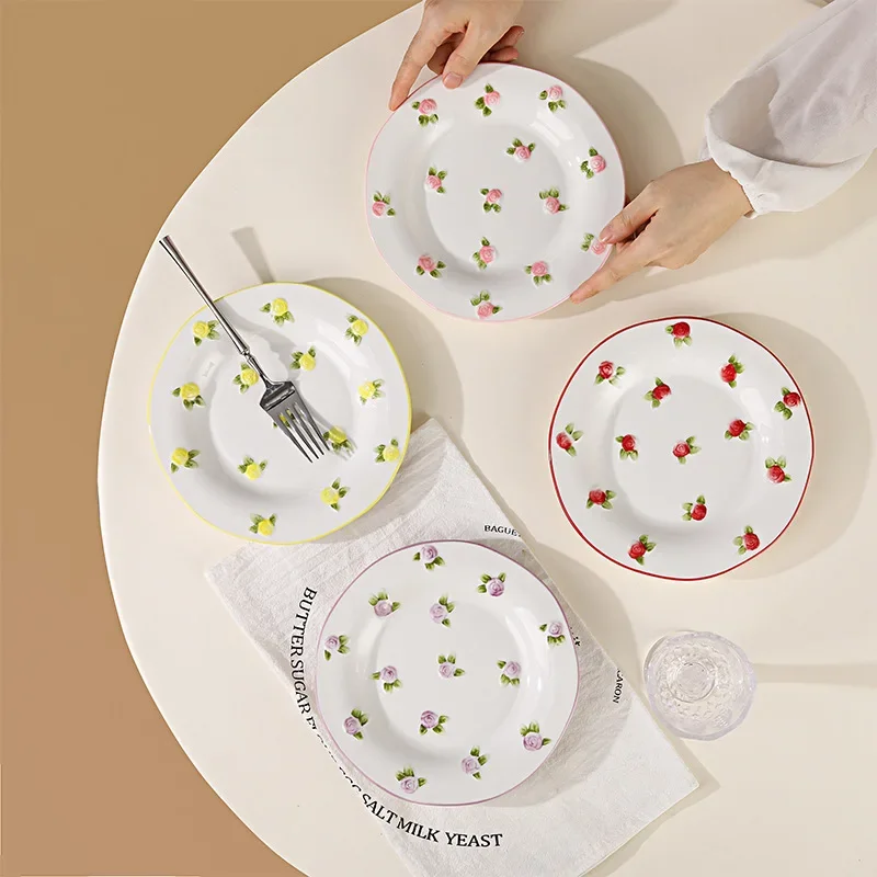 1pc Plate Relief Hand-painted Ceramic Round High Value Dessert Cake Temperature Lead-free Underglaze Color Welcome Fruit