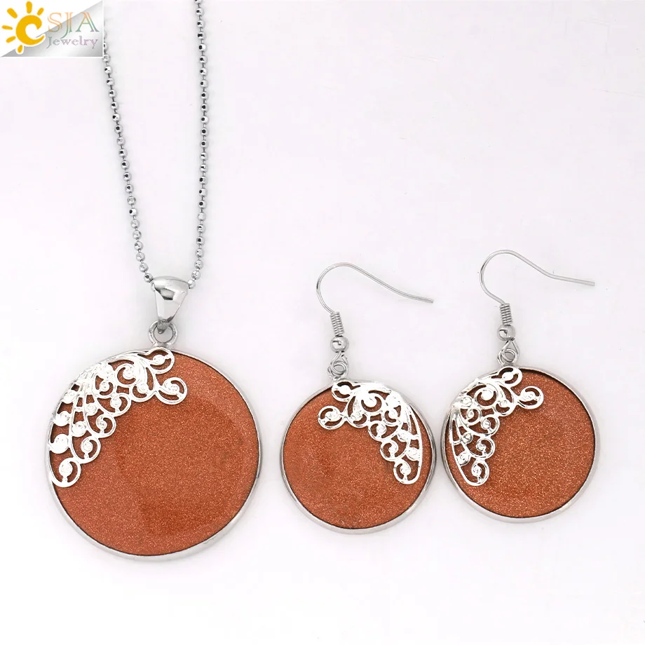 CSJA Natural Stone Necklaces Jewelry Set Butterfly Dangle Earrings Round Brown Sand Stone Pendant Party Women Jewellery G944