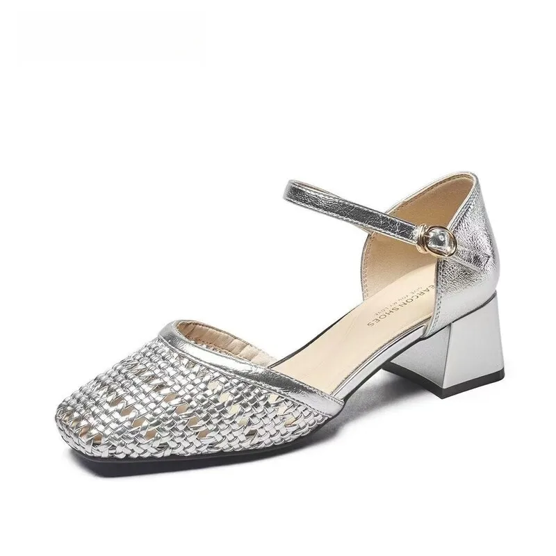 Fashion Woven Hollow Chunky Root Sandals for Women Comfort Round Toe Buckle Summer Heels Elegant Office Brand Formal Shoes Pumps view 6