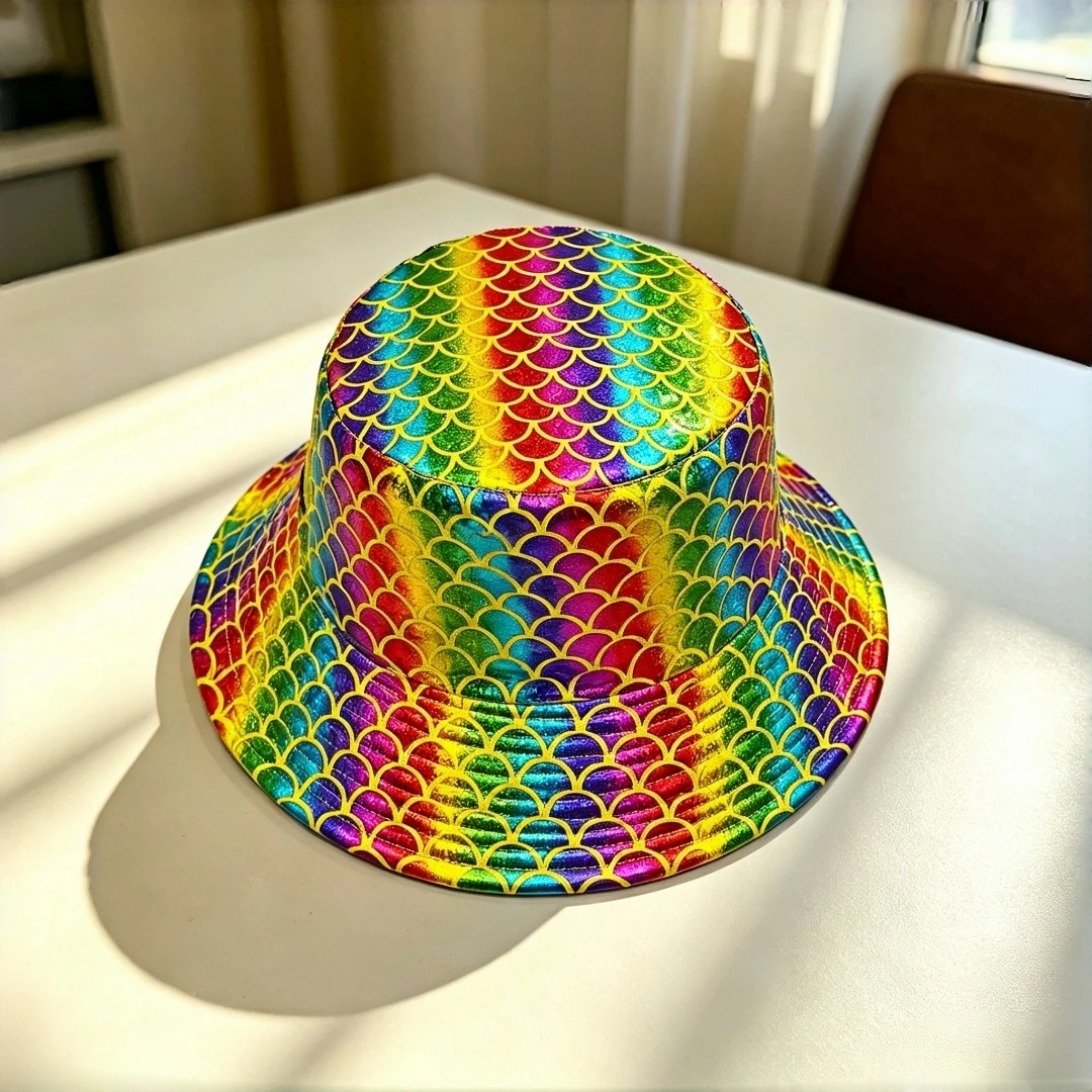 Holographic rainbow mermaid scale bucket hat - Glossy silver wide-brimmed fisherman hat - Party carnival foldable sun hat - Beac