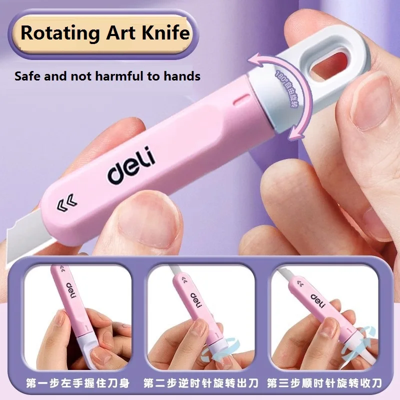 Deli Small Pocket Knife Rotating Retractable SK5 Blade, Mini Canivet Box Cutter Knife Art Household School Supplies Aesthetic