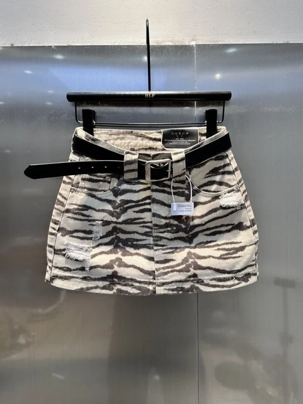 

Outlet American High Street Zebra Pattern Denim Skirt Women's Hole A-Line Half Skirt Trendy High Waist Commuter Style