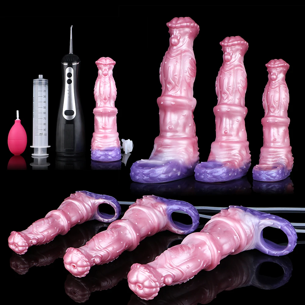 LEZEE Pulsing Penis Enlarger Silicone Squirting Penis Sleeve Electric Water Spray Dildo Sheath Hollow Penis Condom Dick Extender